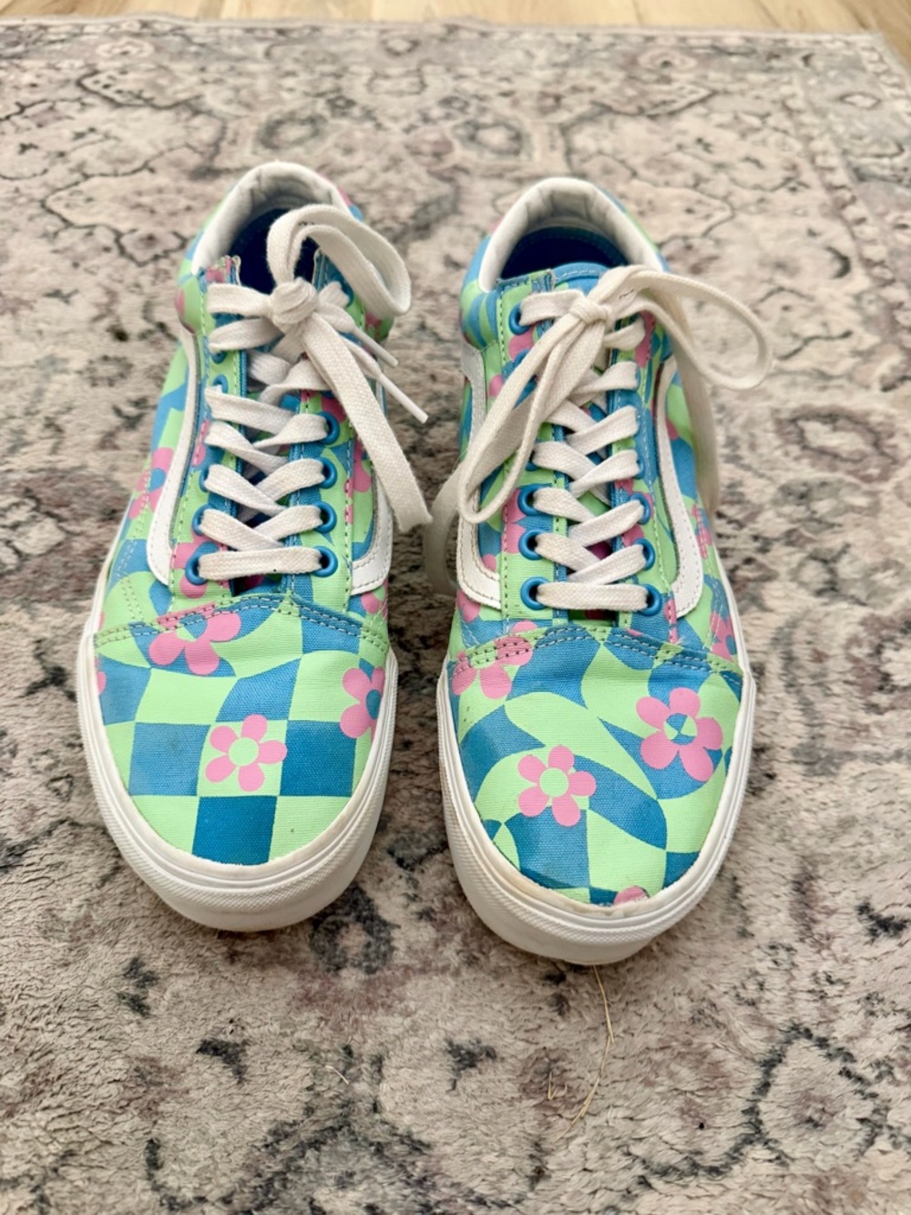 Vans Floral Checkerboard Platform Sneakers in Blue, Green & Pink - Picture 4 of 4